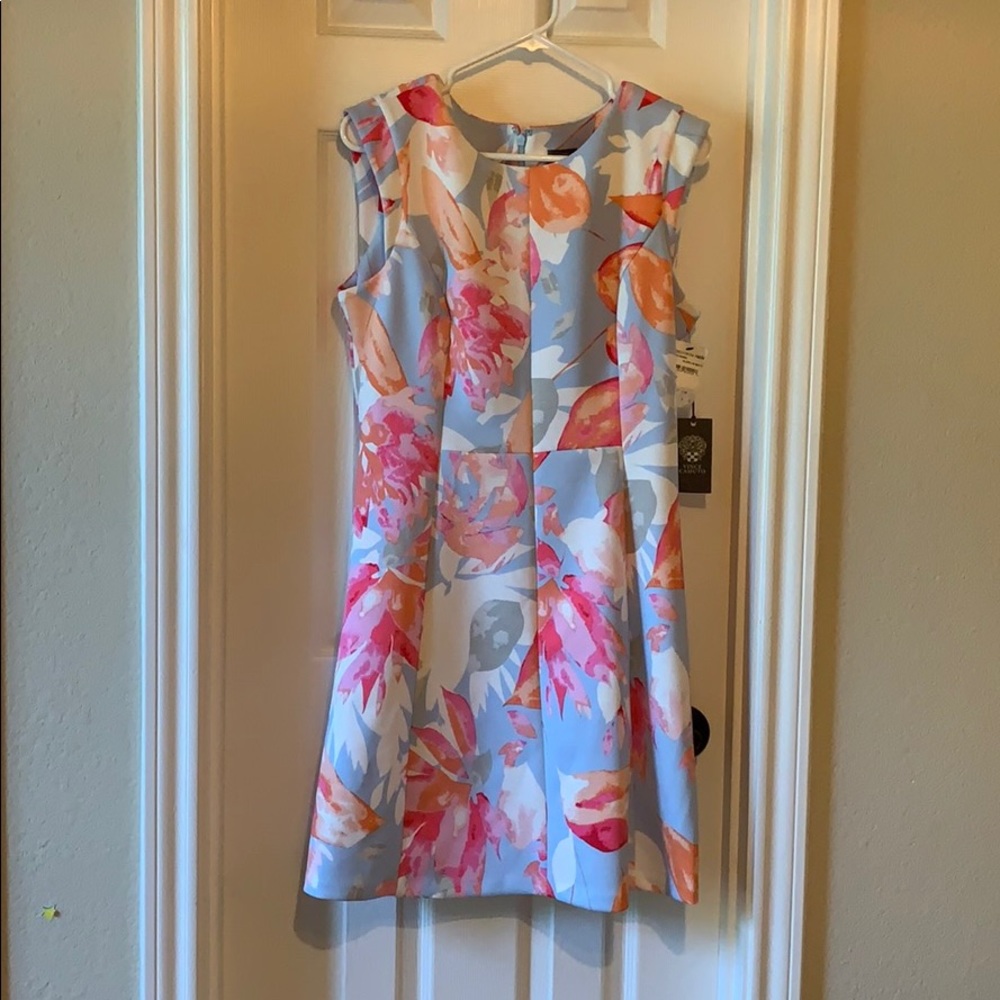 Vince Camuto Blue Floral Fit-and-Flare Dress with Pink and Orange Accents